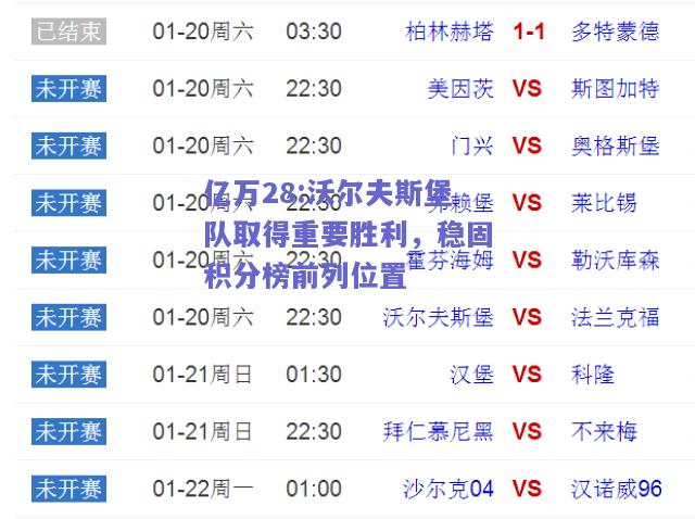 亿万28:沃尔夫斯堡队取得重要胜利，稳固积分榜前列位置