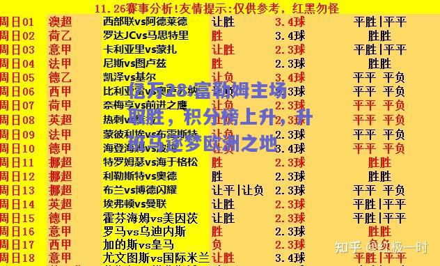 亿万28:富勒姆主场取胜，积分榜上升，升班马逐梦欧洲之地